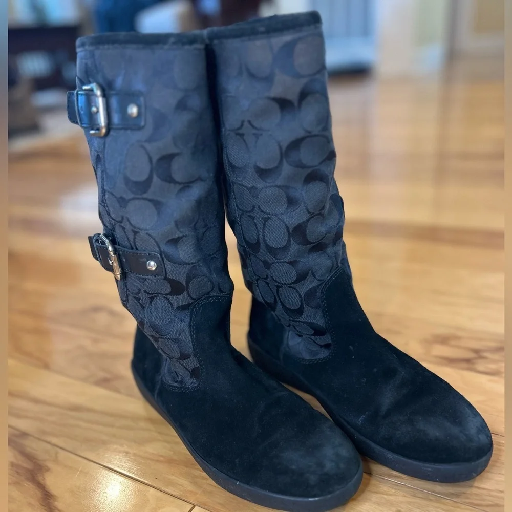Coach Black Signature Patterned Suede Winter Lined Boots